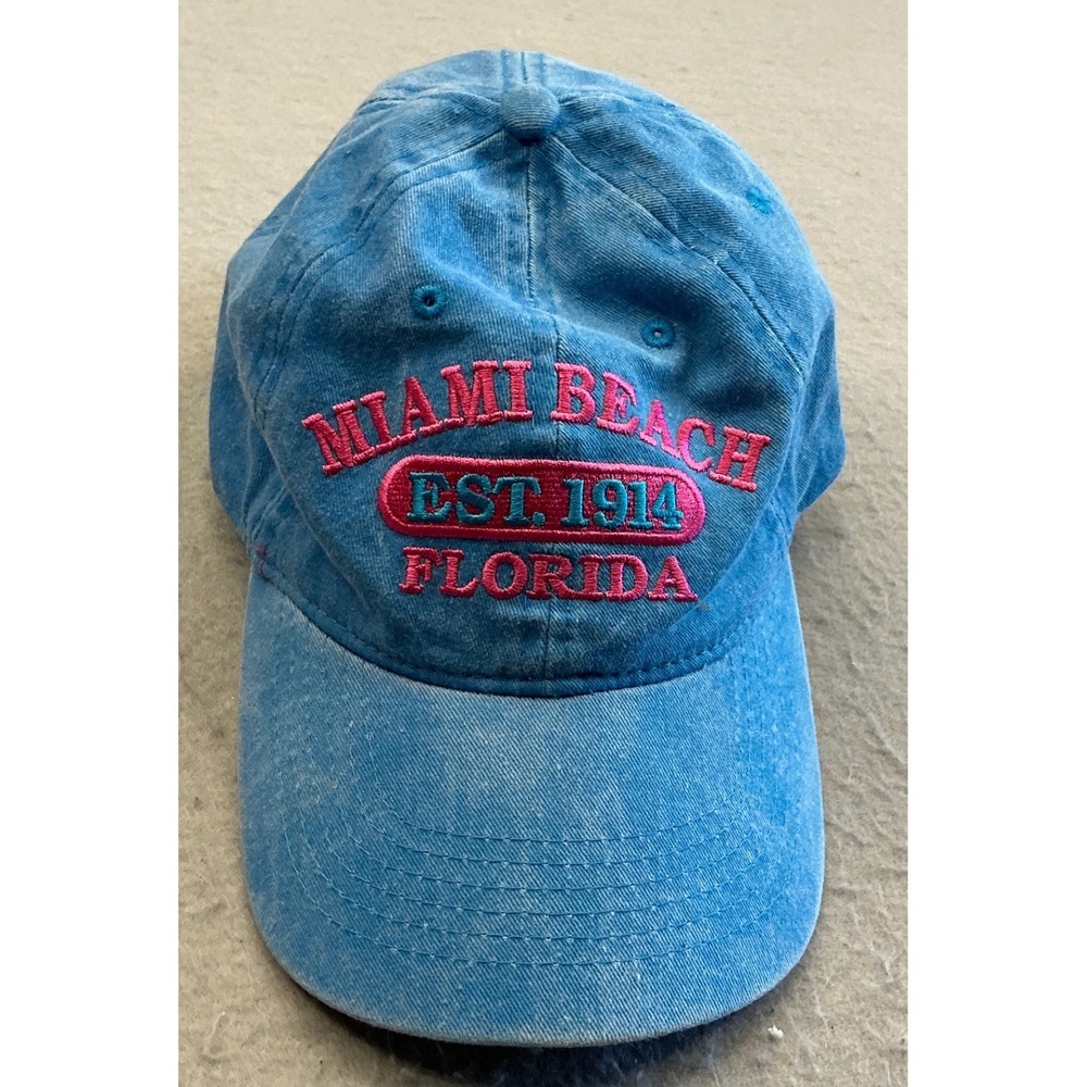 Miami Beach Florida Hat Blue Acid Wash Denim Embroidered OSFM Adjustable